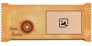 Horizontal Upahar18 Nestlé KitKat wrapper featuring a premium golden-cream customize design with an intricate traditional rakhi thread vector, elegant English text Raksha Bandhan, and an empty rectangular photo chocolate slot.