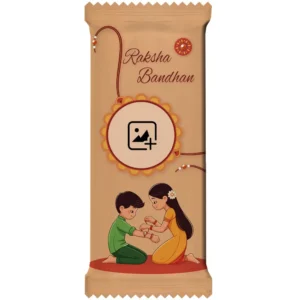 Upahar18 Nestlé KitKat bar featuring a soft brown pastel customize design wrapper with English text Raksha Bandhan, a round frame placeholder template, and a cute cartoon illustration of small kids celebrating Rakhi.