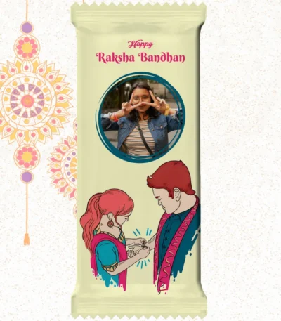 Custom cream Nestlé KitKat bar from upahar18 with a minimalist customize design wrapper featuring modern line art, English wishes, and a photo chocolate print of a young girl making a peace sign.