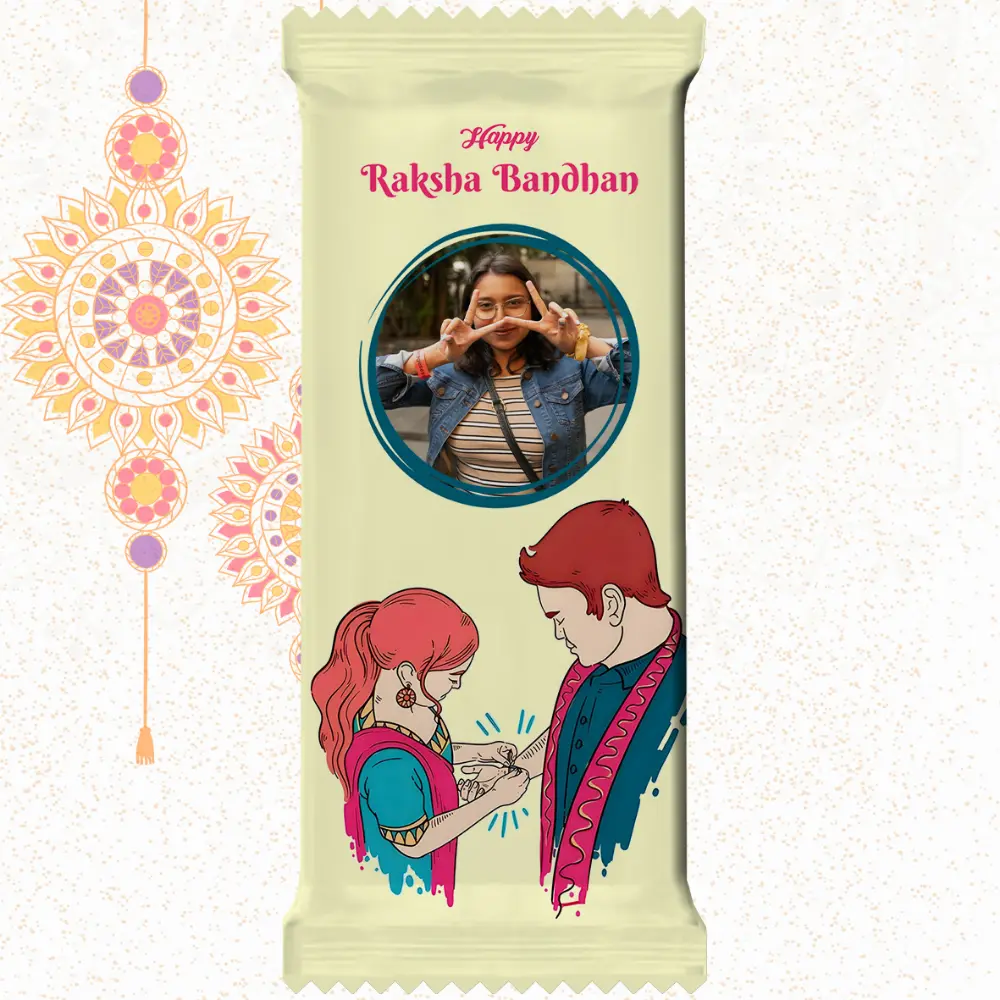 Custom cream Nestlé KitKat bar from upahar18 with a minimalist customize design wrapper featuring modern line art, English wishes, and a photo chocolate print of a young girl making a peace sign.