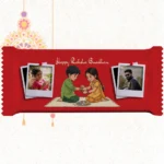 Horizontal red custom Nestlé KitKat bar by upahar18 with a customize design wrapper featuring English text, sibling art, and dual Polaroid photo chocolate prints of a sister on the left and a brother on the right.