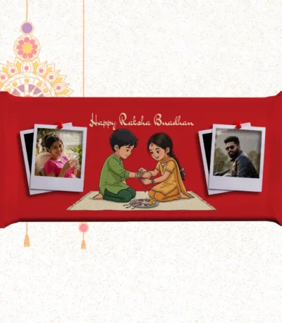 Horizontal red custom Nestlé KitKat bar by upahar18 with a customize design wrapper featuring English text, sibling art, and dual Polaroid photo chocolate prints of a sister on the left and a brother on the right.