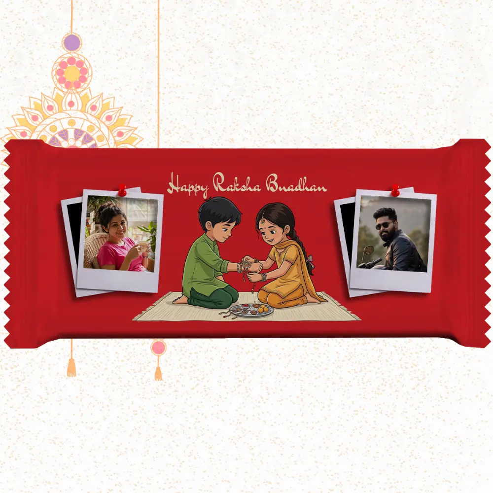 Horizontal red custom Nestlé KitKat bar by upahar18 with a customize design wrapper featuring English text, sibling art, and dual Polaroid photo chocolate prints of a sister on the left and a brother on the right.