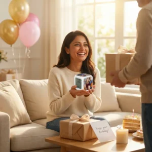 A bright, indoor birthday celebration scene where a smiling South Asian woman sits on a beige sofa, happily receiving a gift. She is holding the white cube-shaped Upahar18 personalized photo printed led alarm clock in both hands, which prominently displays a colorful family photo printed on its side panel. In front of her on a wooden coffee table sits a wrapped gift box, a birthday card that reads 'Happy your Birthday!', a burning candle, and a sliced birthday cake. On the right, a man stands holding out another gift box toward her, while gold and pink balloons float softly in the warm, sunlit background.