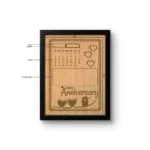 A product specification diagram of an upahar18 personalized custom engraved frame showing the 6x8 inches dimensions and customizable areas for year, month, date, and text message on an MDF memento.