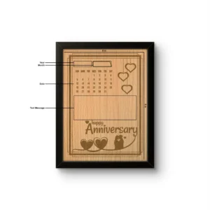 A product specification diagram of an upahar18 personalized custom MDF engraved frame showing the 6x8 inches dimensions and customizable areas for year, month, date, and text message on an MDF memento.