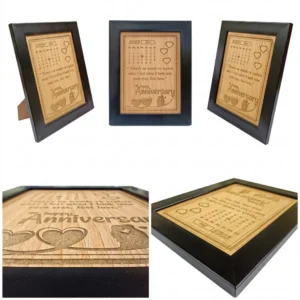 A product showcase layout displaying five viewing angles of an upahar18 personalized custom engraved frame for anniversaries, capturing the detailed calendar engraving, heart vectors, and romantic quote on a wooden finish MDF base.