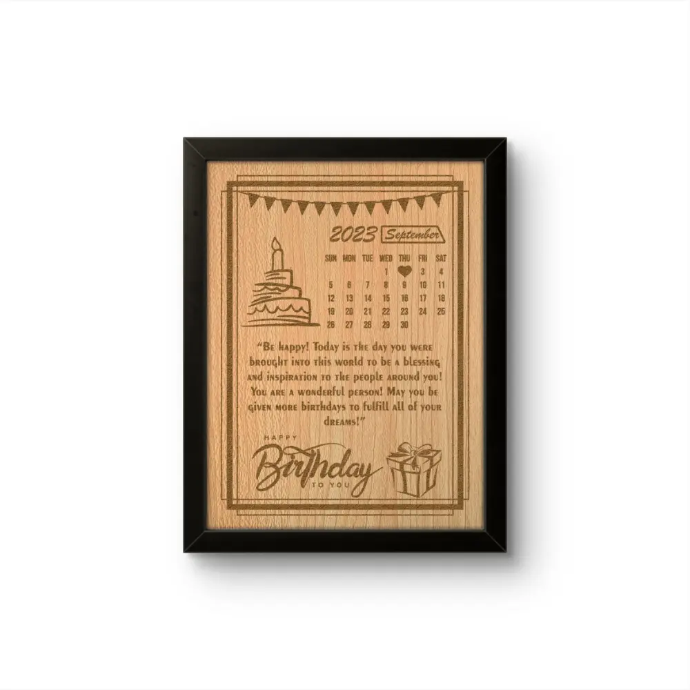 A product blueprint diagram of an upahar18 personalized custom engraved frame for birthdays, detailing the 6x8 inches dimensions and personalizable text fields on an MDF memento.