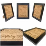 A multi-angle product presentation collage of an upahar18 personalized custom engraved frame for birthdays, displaying three standing views and two macro close-up shots of the detailed birthday greetings laser-etched onto the premium MDF wood surface.