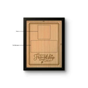 A product blueprint diagram of an upahar18 personalized custom MDF engraved frame for friendship day, showing the 6x8 inches outer size and customizable placement boxes for a photo sketch and text message on an MDF memento plaque.