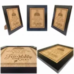 A five-angle showcase layout of an upahar18 personalized custom engraved frame for friendship day, featuring left, right, and front views alongside detailed close-up images highlighting the engraved friend portrait sketch on an MDF plaque.