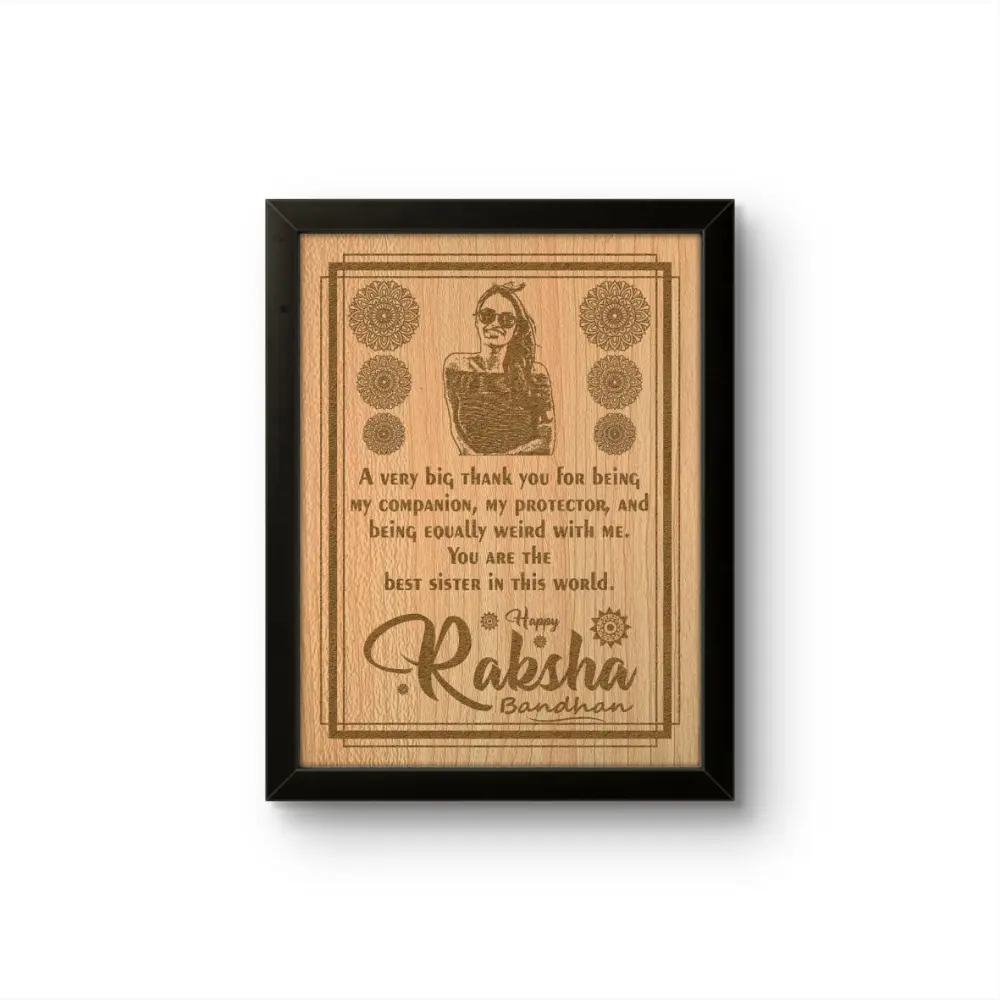 A personalized custom engraved frame made of premium MDF wood by upahar18, featuring a laser-etched portrait sketch of a sister, traditional mandalas, a touching quote, and a Happy Raksha Bandhan wish as a lifelong keepsake memento.