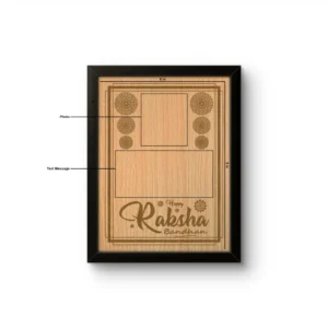 A technical product layout diagram of an upahar18 personalized custom MDF engraved frame for Raksha Bandhan, displaying the 6x8 inches size details and photo or text customization zones on an MDF memento template.