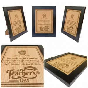 A product collage featuring five unique viewing angles of an upahar18 personalized custom engraved frame for Teacher's Day, highlighting Dr. Radhakrishnan's engraved portrait and a tribute message on a premium MDF wooden plaque.